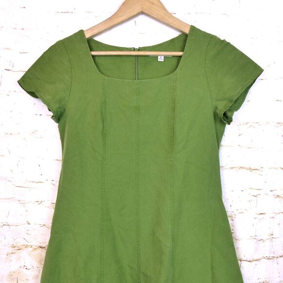 Uniqlo Dress Women XS Green Linen Blend Square Neck Short Sleeves Pockets Midi - Picture 5 of 15